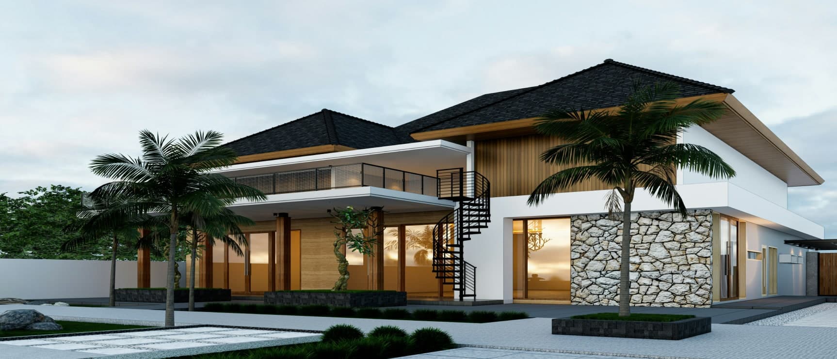 Two-storey villa with stone cladding and palm trees