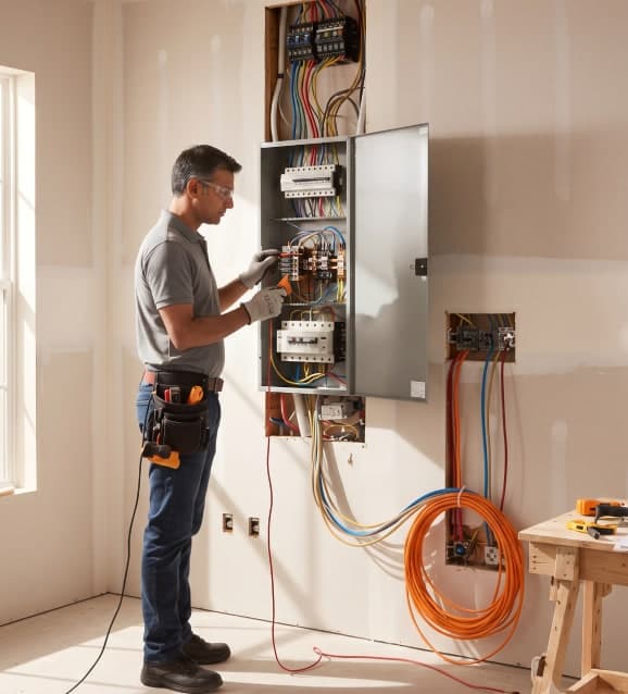 Electrician wiring a distribution board in a new room