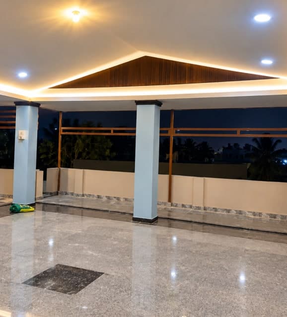 Renovated covered terrace with granite flooring and cove lighting