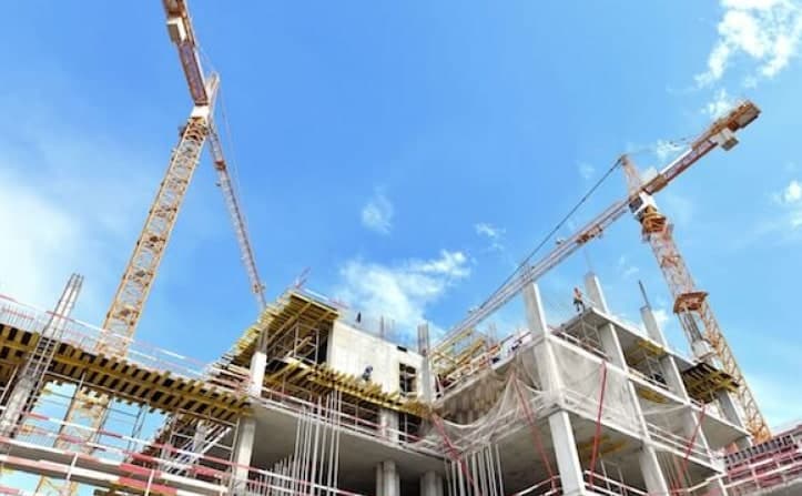 Multi-storey concrete frame under construction with two tower cranes